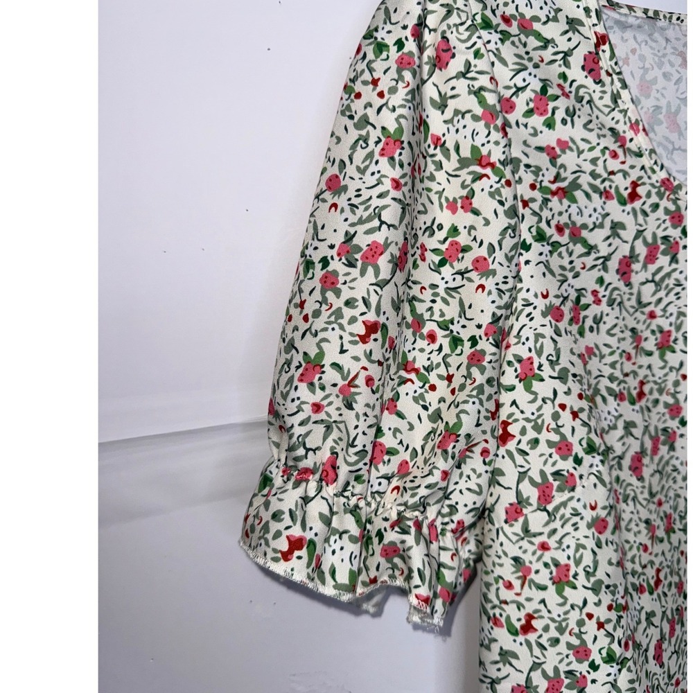 Floral Puff Sleeve Top Women M White Pink Square Neck Ruffle Coattage Girly Chic - Picture 4 of 6